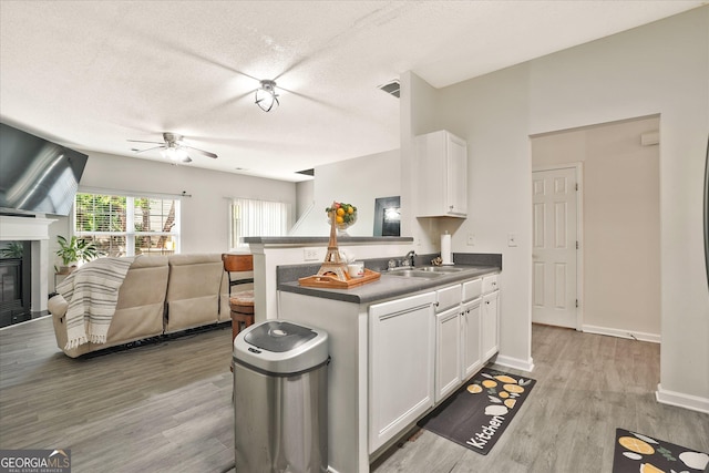 384 Parc River Blvd, Lawrenceville, GA 30046 - kitchen featuring a sink, a ceiling fan, open floor plan, white cabinets, and light wood-style floors