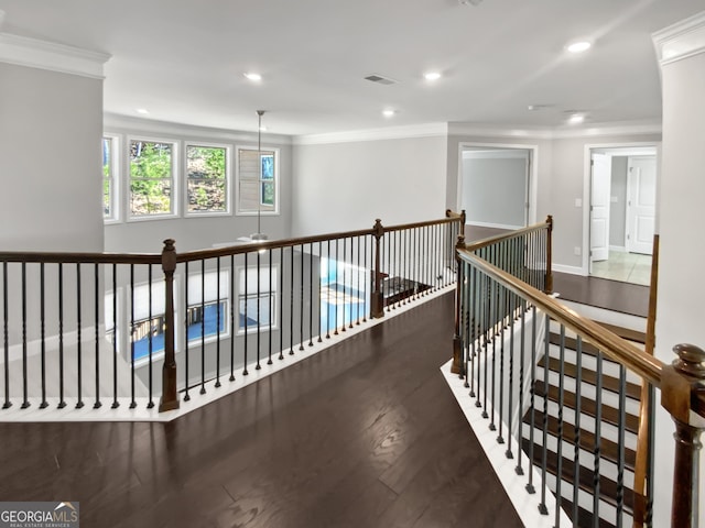2470 Bridle Bridge Trl, Cumming, GA 30040 - corridor with crown molding, an upstairs landing, visible vents, and recessed lighting