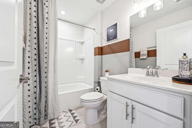 2815 Paddle Point Ln, Cumming, GA 30041 - bathroom featuring toilet, visible vents, shower / bath combo with shower curtain, tile patterned flooring, and vanity