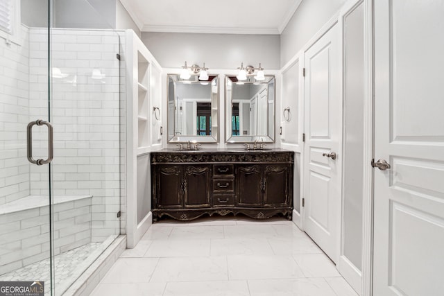 3911 Delfaire Trce, Cumming, GA 30040 - bathroom featuring marble finish floors, ornamental molding, a stall shower, and double vanity