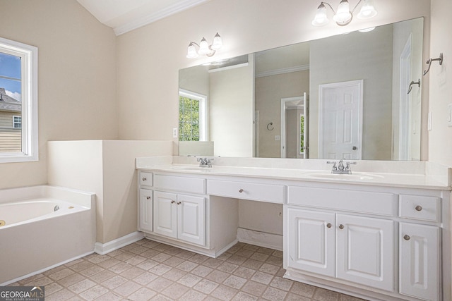 bathroom featuring ornamental molding, a sink, and double vanity