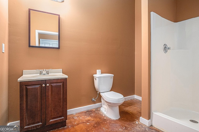 full bath with toilet, baseboards, walk in shower, concrete floors, and vanity