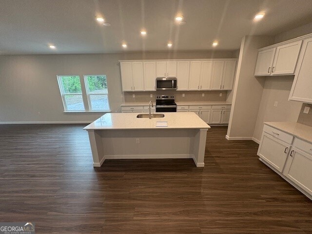 211 Park View Ln, Kingsland, GA 31548 - kitchen featuring appliances with stainless steel finishes, a sink, dark wood finished floors, an island with sink, and white cabinets