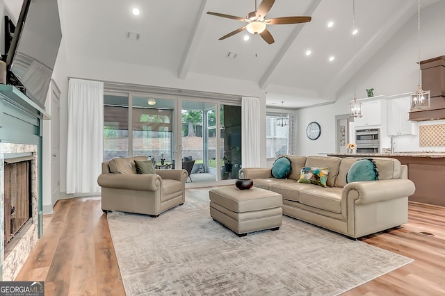 303 Wilsons Creek Bnd, Bonaire, GA 31005 - living area with light wood-style flooring, visible vents, ceiling fan, recessed lighting, and high vaulted ceiling
