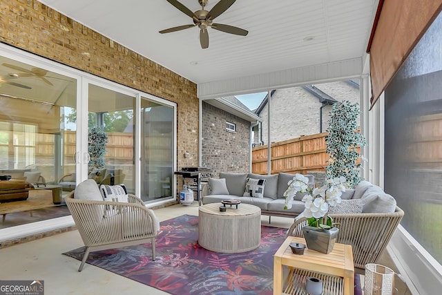 303 Wilsons Creek Bnd, Bonaire, GA 31005 - view of patio / terrace with an outdoor hangout area, a ceiling fan, and fence
