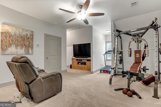 303 Wilsons Creek Bnd, Bonaire, GA 31005 - exercise area with visible vents, ceiling fan, light carpet, and baseboards