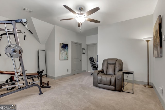 303 Wilsons Creek Bnd, Bonaire, GA 31005 - exercise room featuring visible vents, ceiling fan, carpet flooring, and baseboards