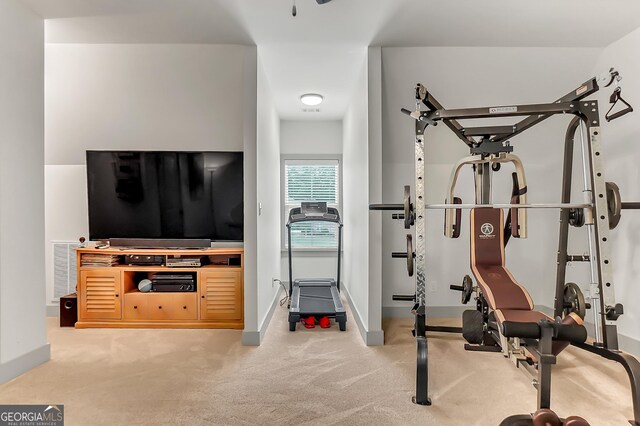 303 Wilsons Creek Bnd, Bonaire, GA 31005 - exercise room featuring visible vents, baseboards, and carpet floors