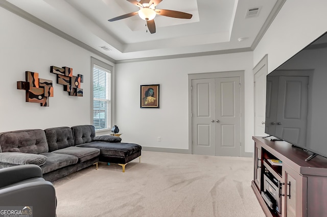 303 Wilsons Creek Bnd, Bonaire, GA 31005 - living area with a raised ceiling, a ceiling fan, visible vents, and light colored carpet