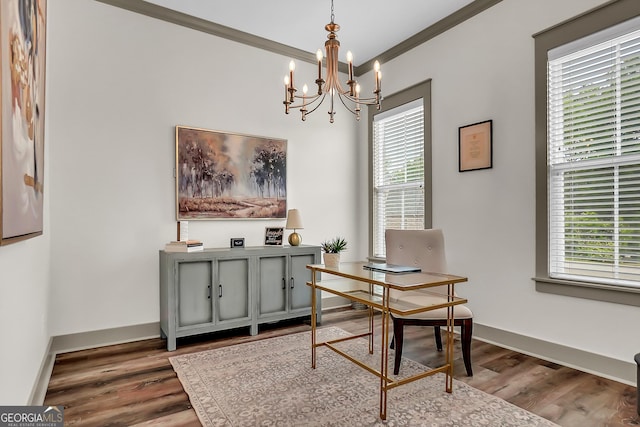 303 Wilsons Creek Bnd, Bonaire, GA 31005 - office featuring a chandelier, wood finished floors, and a wealth of natural light