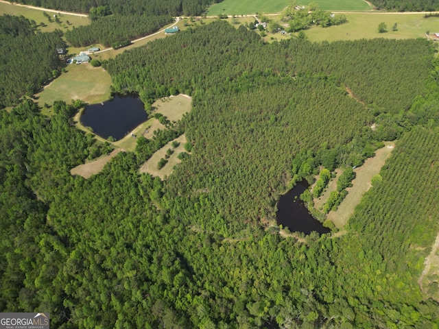 drone / aerial view with a water view and a wooded view