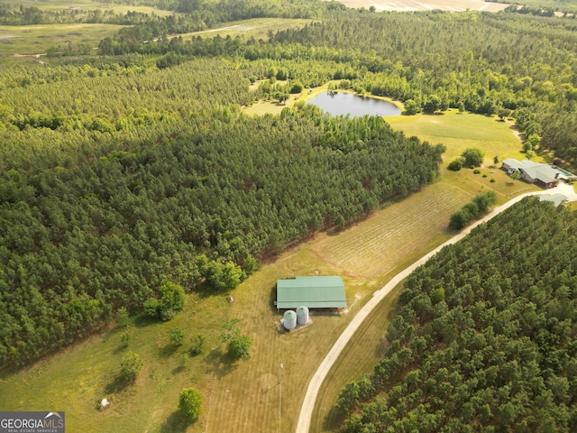 aerial view with a water view and a view of trees