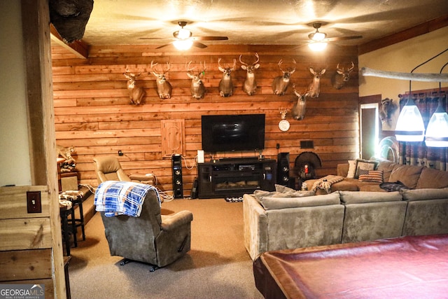 5524 Hooker Branch Rd, Millen, GA 30442 - living area with a ceiling fan, carpet flooring, wood walls, and billiards