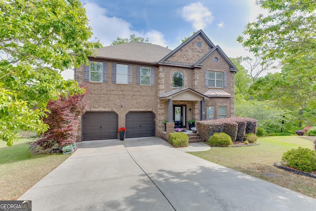 3097 Trinity Grove Dr, Dacula, GA 30019 - view of front of property featuring a garage, brick siding, a front lawn, and concrete driveway