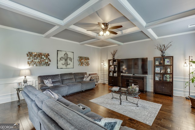 3097 Trinity Grove Dr, Dacula, GA 30019 - living room featuring beam ceiling, a ceiling fan, a wainscoted wall, and coffered ceiling