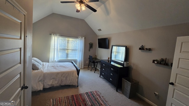 3097 Trinity Grove Dr, Dacula, GA 30019 - bedroom featuring carpet flooring, baseboards, visible vents, a ceiling fan, and lofted ceiling