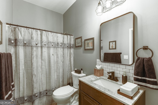 3097 Trinity Grove Dr, Dacula, GA 30019 - bathroom featuring vanity, toilet, decorative backsplash, and a shower with curtain