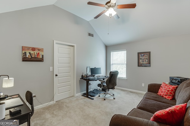 3097 Trinity Grove Dr, Dacula, GA 30019 - office area with light colored carpet, ceiling fan, baseboards, visible vents, and high vaulted ceiling