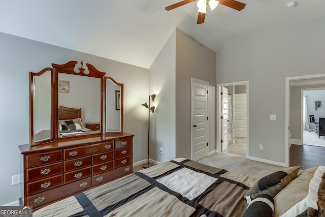 3097 Trinity Grove Dr, Dacula, GA 30019 - bedroom featuring carpet floors, ceiling fan, high vaulted ceiling, and baseboards