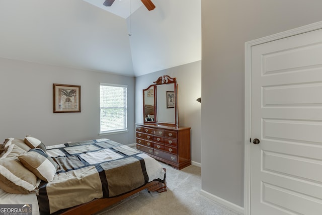 3097 Trinity Grove Dr, Dacula, GA 30019 - bedroom with a ceiling fan, high vaulted ceiling, light carpet, and baseboards