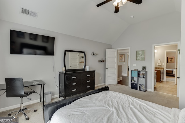 3097 Trinity Grove Dr, Dacula, GA 30019 - bedroom with lofted ceiling, carpet flooring, visible vents, ceiling fan, and baseboards