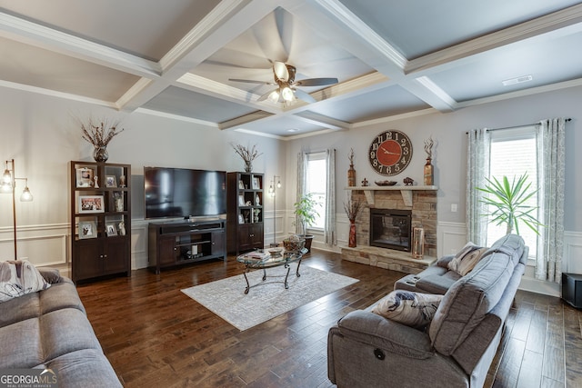 3097 Trinity Grove Dr, Dacula, GA 30019 - living room with beamed ceiling, coffered ceiling, visible vents, and a decorative wall