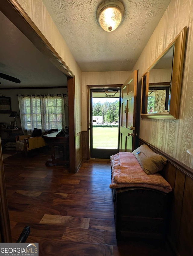 doorway to outside with a textured ceiling, dark wood finished floors, and wainscoting