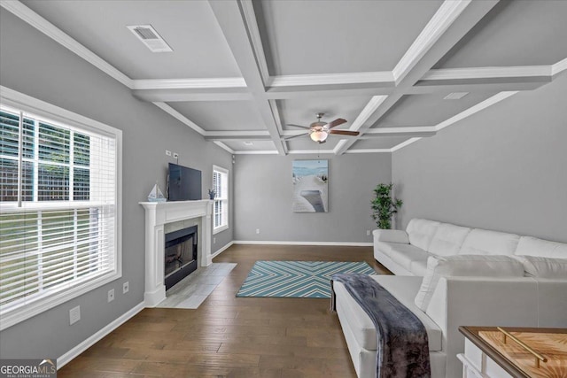 living area featuring hardwood / wood-style floors, ceiling fan, a premium fireplace, baseboards, and visible vents