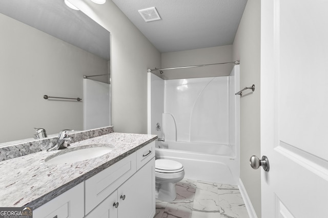 517 Lago Ct, Lagrange, GA 30241 - bathroom featuring toilet, bathtub / shower combination, visible vents, marble finish floor, and vanity