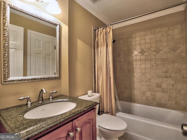 full bath with crown molding, toilet, shower / bath combination with curtain, and vanity