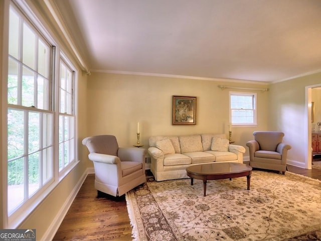 living area featuring baseboards, ornamental molding, and wood finished floors