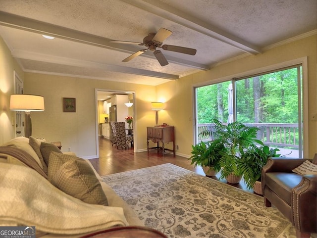 living area featuring baseboards, ceiling fan, beam ceiling, and wood finished floors