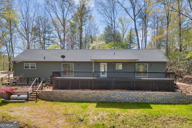 499 Old Deer Path Way, Cleveland, GA 30528 - back of property featuring a wooden deck, a yard, and roof with shingles