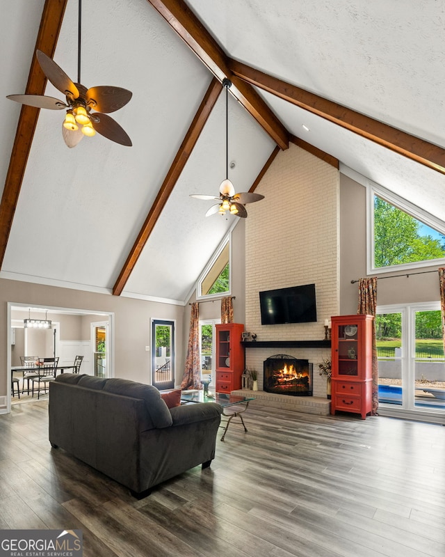 living room featuring high vaulted ceiling, a ceiling fan, wood finished floors, and beamed ceiling