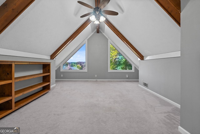 additional living space with carpet flooring, visible vents, a ceiling fan, and baseboards