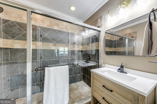 17 Spring Cir, Watkinsville, GA 30677 - bathroom featuring ornamental molding, vanity, a shower stall, and recessed lighting