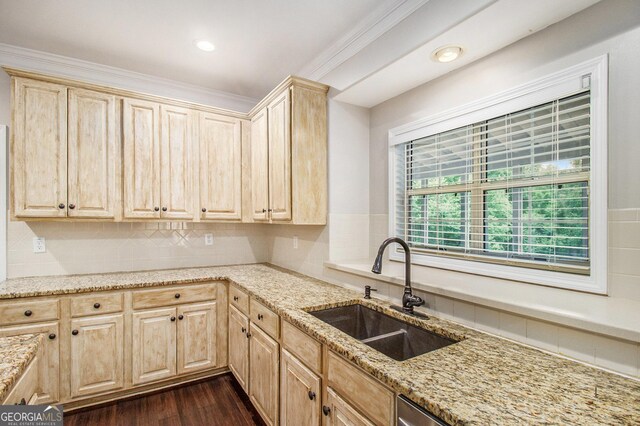 1085 Crown River Pkwy, Mcdonough, GA 30252 - kitchen with light brown cabinets, light stone countertops, a sink, appliances with stainless steel finishes, and dark wood-style floors