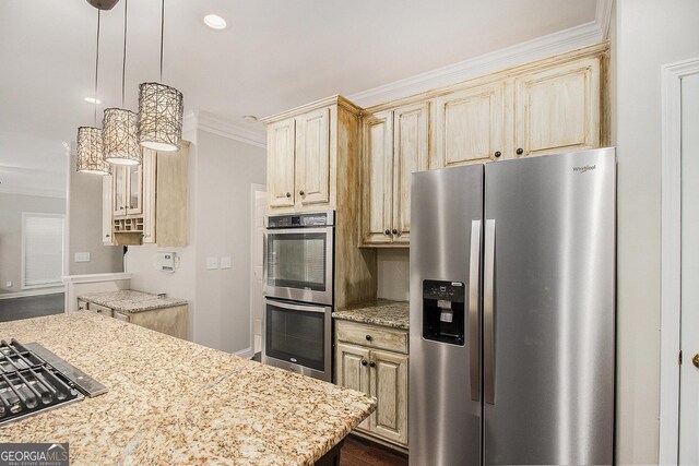 1085 Crown River Pkwy, Mcdonough, GA 30252 - kitchen featuring light brown cabinetry, ornamental molding, dark wood-type flooring, backsplash, and appliances with stainless steel finishes