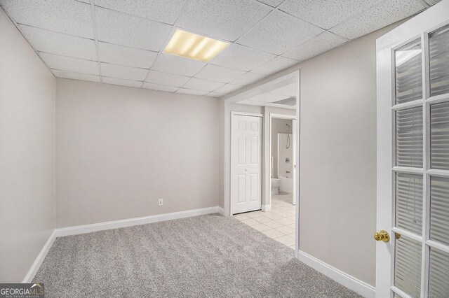 1085 Crown River Pkwy, Mcdonough, GA 30252 - basement with a drop ceiling, recessed lighting, baseboards, carpet flooring, and visible vents