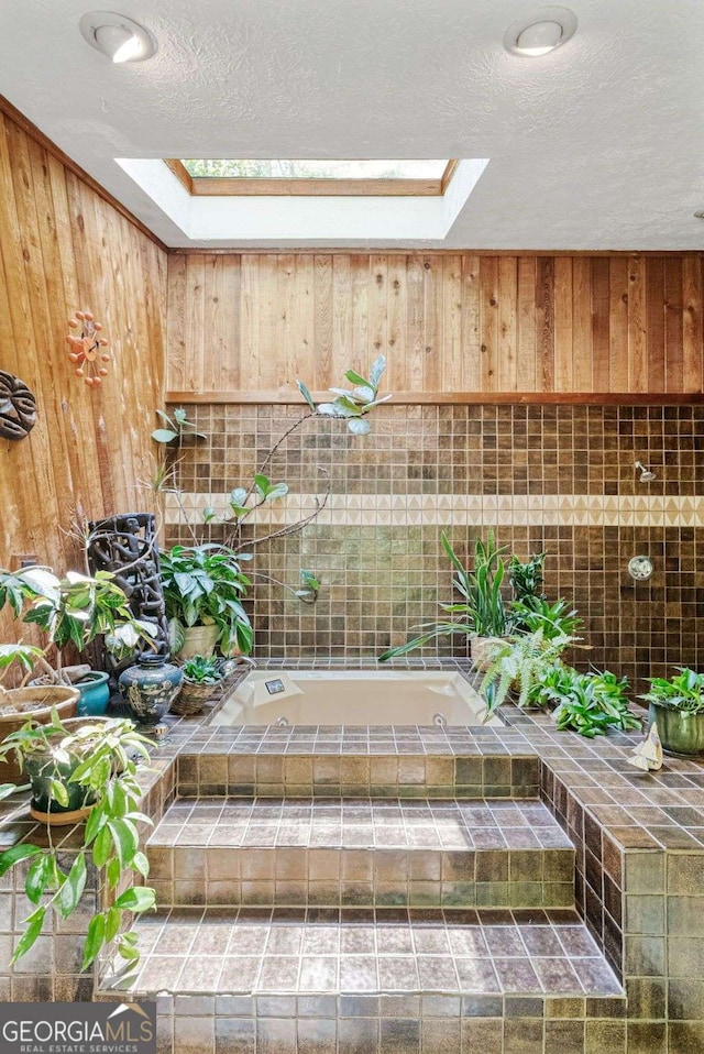 details featuring wood walls, a textured ceiling, and a skylight