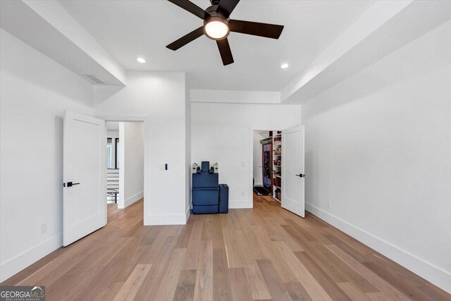 bonus room featuring light wood finished floors, recessed lighting, and ceiling fan