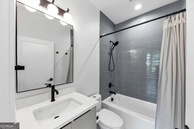 bathroom with shower / bath combination with curtain, toilet, vanity, and recessed lighting