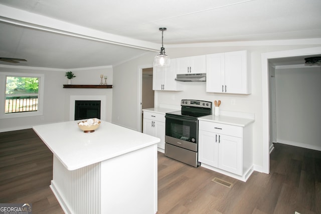 216 Howard Rd, Barnesville, GA 30204 - kitchen with stainless steel electric stove, under cabinet range hood, a fireplace, light countertops, and dark wood finished floors