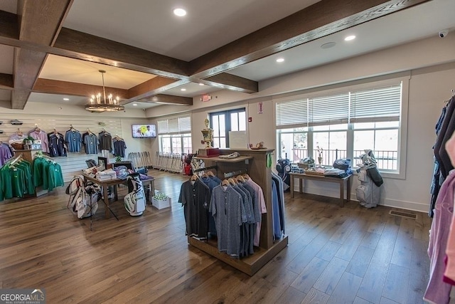 130 Magnolia Pl, Homer, GA 30547 - miscellaneous room with wood finished floors, beam ceiling, a chandelier, coffered ceiling, and recessed lighting