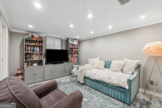 living area with recessed lighting, visible vents, and ornamental molding