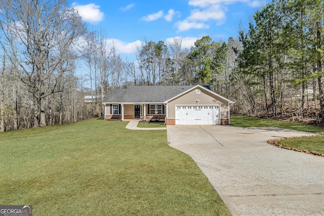 ranch-style house featuring concrete driveway, a front lawn, a porch, and a garage