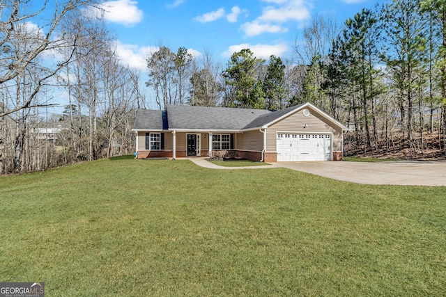 single story home with a front lawn, a porch, concrete driveway, a garage, and brick siding