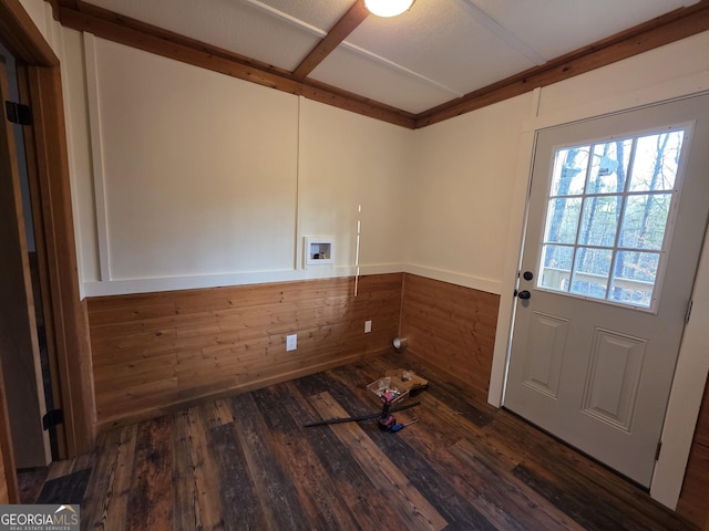 laundry room with wooden walls, wood finished floors, laundry area, and washer hookup