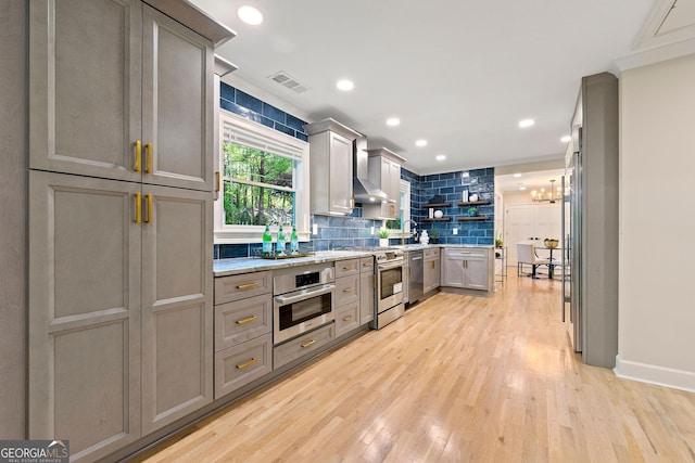 1186 Thomas Rd, Decatur, GA 30030 - kitchen featuring appliances with stainless steel finishes, open shelves, wall chimney range hood, tasteful backsplash, and gray cabinetry