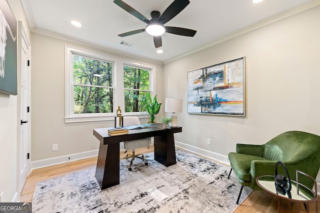 1186 Thomas Rd, Decatur, GA 30030 - home office with light wood-type flooring, ornamental molding, ceiling fan, baseboards, and recessed lighting